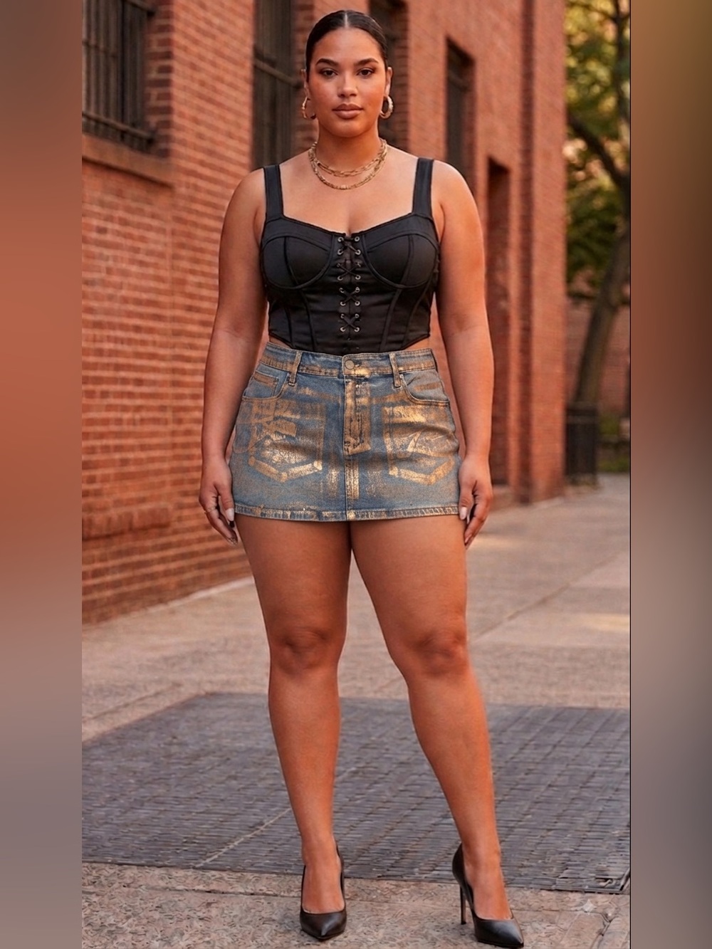🆕 Fashion Nova - Rose Gold Metallic Printed Denim Micro Mini Skirt